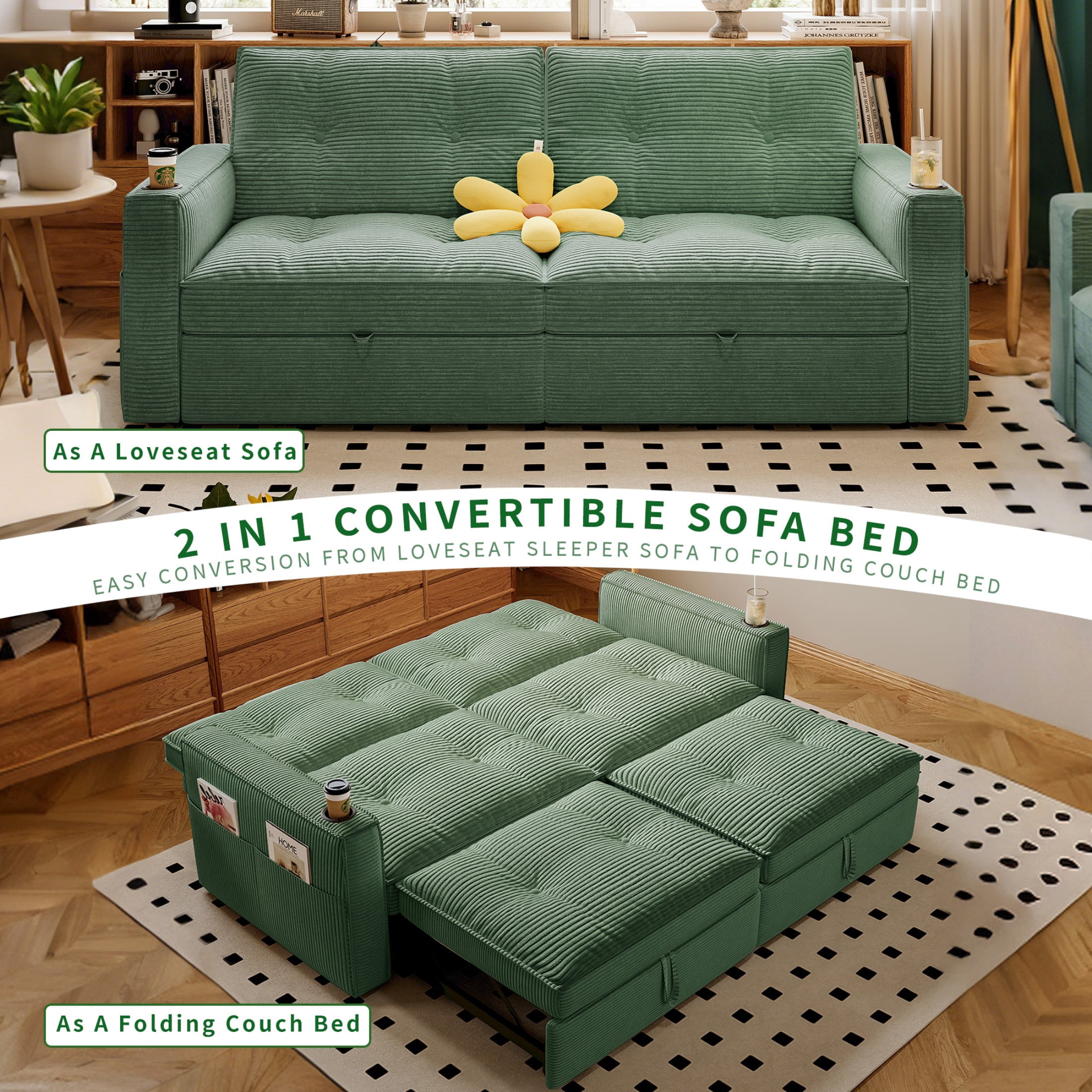 73" Sleeper Sofa,Queen Size Sofa Bed with Pull Out Bed, 2 Seater Convertible Small Couch with Pockets and Cup Holders, Modern Living Room Bedroom Apartment,Corduroy,Green