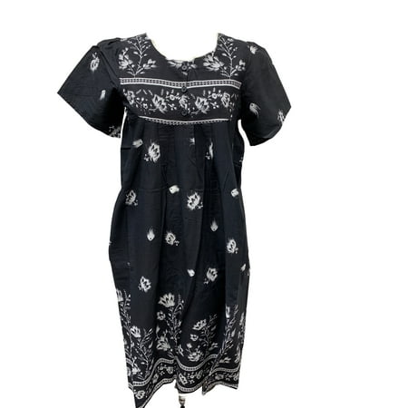 

Short Sleeve Black Lounger House Dress - 3 Button Yoke and Pockets