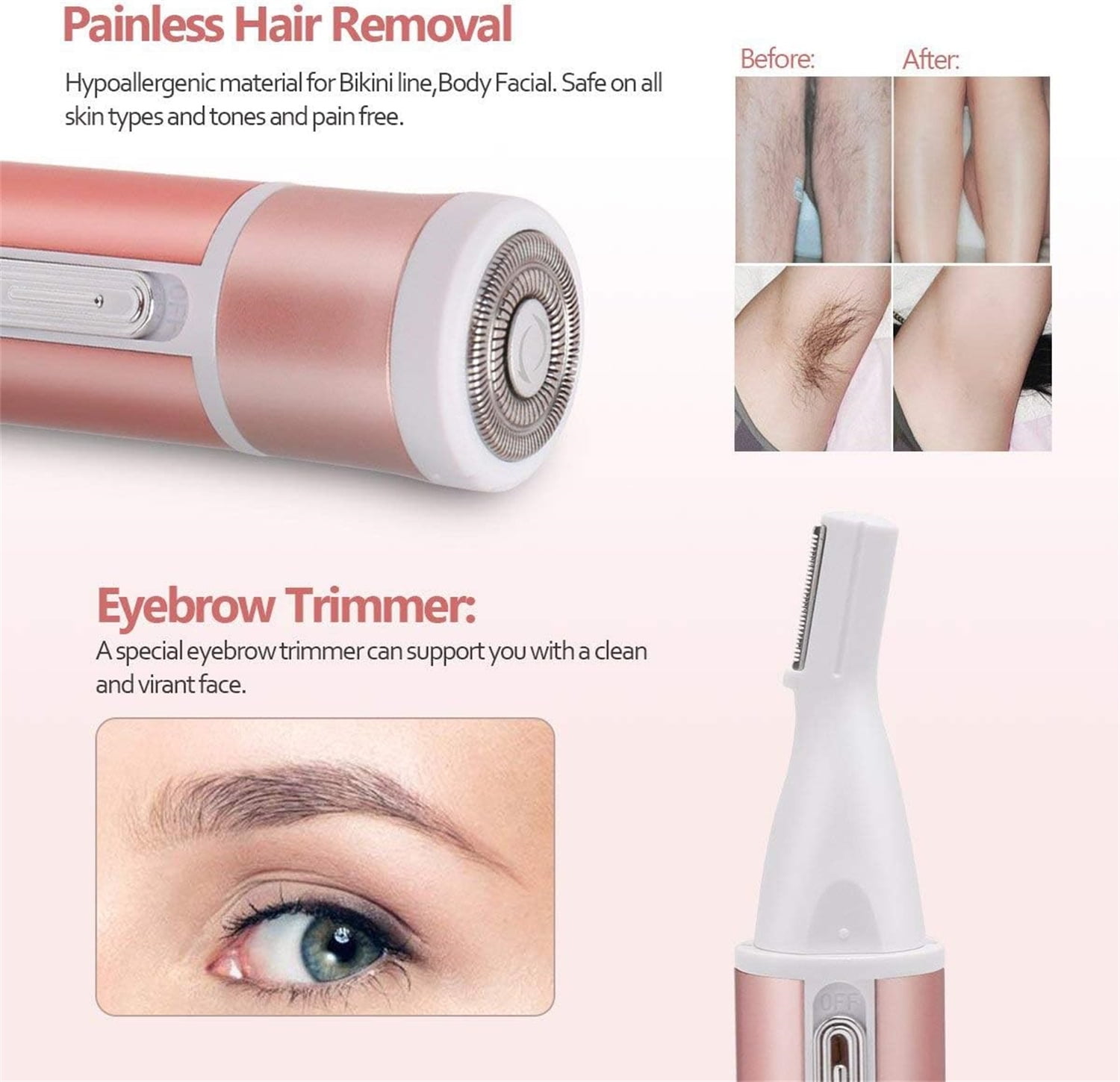 Cordless Electric Lady Shaver,4 in 1 Woman Facial Epilators, Rechargeable Epilator Lady Hair Painless Shaver,Hair Removerfor Face & Body Hair Removal,Eyebrow Trimmer,Armpit, Bikini and Leg(Rose Gold)