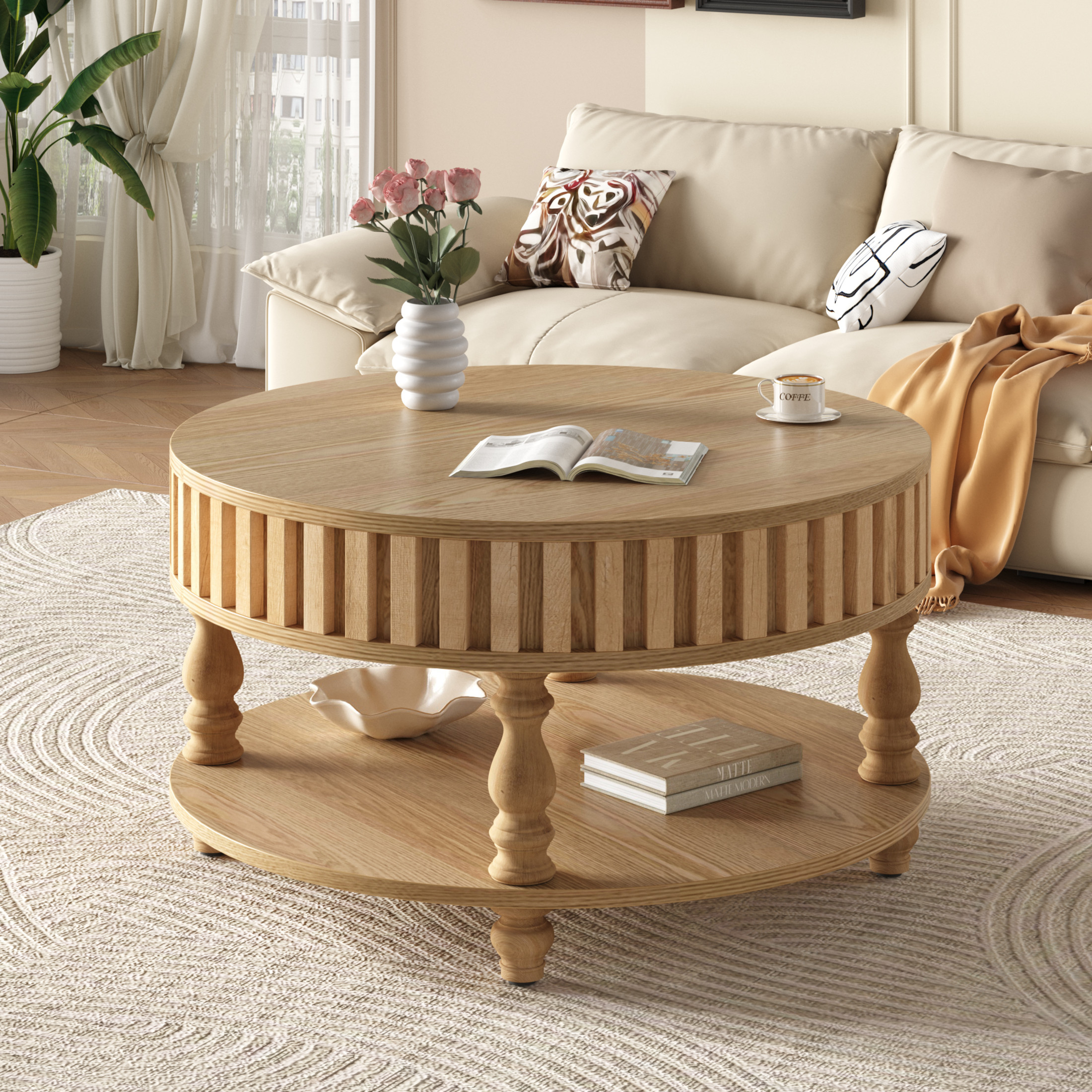 Noble house Farmhouse Fluted Coffee Table with Flip-Top Storage, Solid Wood Legs,Natural Wood