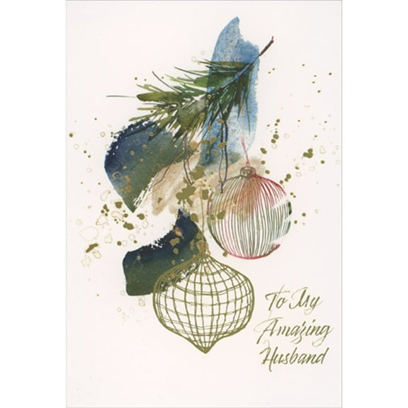 Pictura Watercolor Ornaments, Branches and Gold Foil Dots Christmas Card for Husband