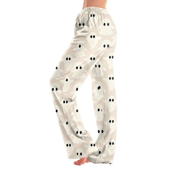 Fabrcox Pajama Pants Womens Halloween Ghost Print Wide Leg Womens Sleeping Pants Holiday Fall Winter Soft Womans Lounge Pants Beige XL