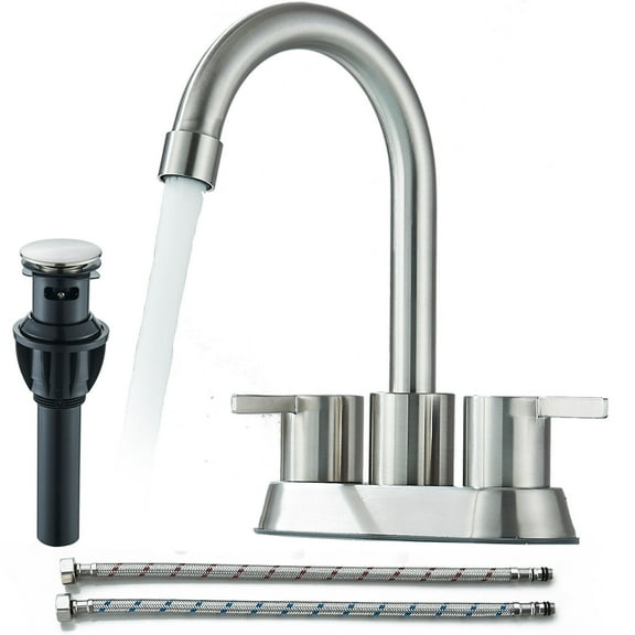 Zovajonia 4 Inch 2 Handle Centerset Brushed Nickel Lead-Free Modern Bathroom Faucet , 360 Swivel Spout 2-3 Hole RV Bathroom Vanity Sink Faucet with Pop Up Drain and Water Supply Lines