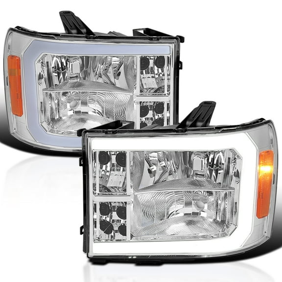 Spec-D Tuning Chrome Headlights w/ LED Bar Compatible with 2007-2013 GMC Sierra 1500, 2500HD, 3500HD, Left   Right Pair Headlamp Assembly