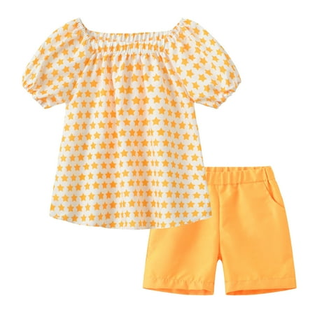

QBGSAY Little Child Outfits Sets Toddler Girls Short Sleeve Cartoon Prints T Shirt Floral Tops Shorts Outfits Cute Clothes For Kids