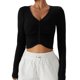 thumbnail image 1 of Top de entrenamiento fruncido frontal Cuello en V Color puro Manga larga Slim Fit Casual Camiseta transpirable Negro 12/L, 1 of 7