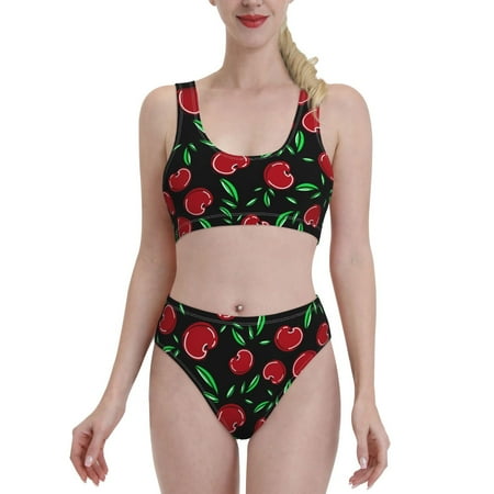 Bixox Cherry Pattern Two-Piece Sports Bikini with U-Shaped Top and High-Waist Bottom - Women s Swimwear with Removable Bra Pads