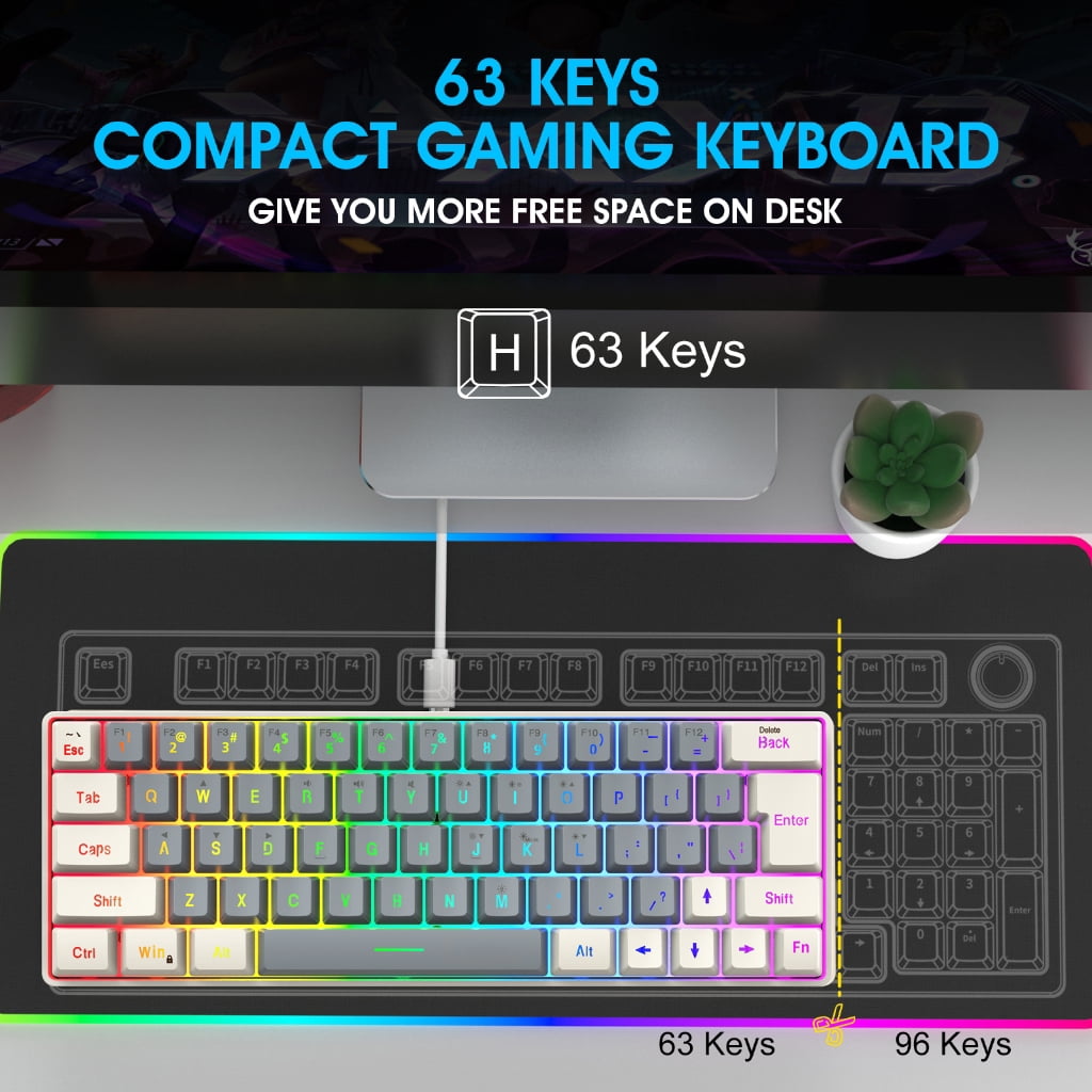 Gaming Mechanical Keyboard Blue Backlits 63 Corded Keyboard LED Gaming Keyboard for Computer Laptop