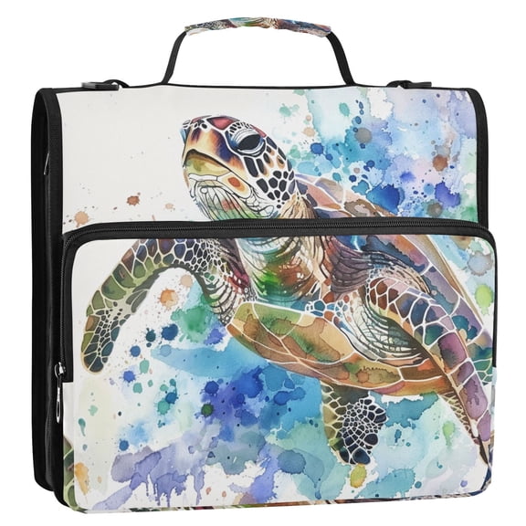 3 Ring Zipper Binder Watercolor Turtle Art Splash with Strap 2 inch 500 Sheet Capacity File Folder Storage Organizer