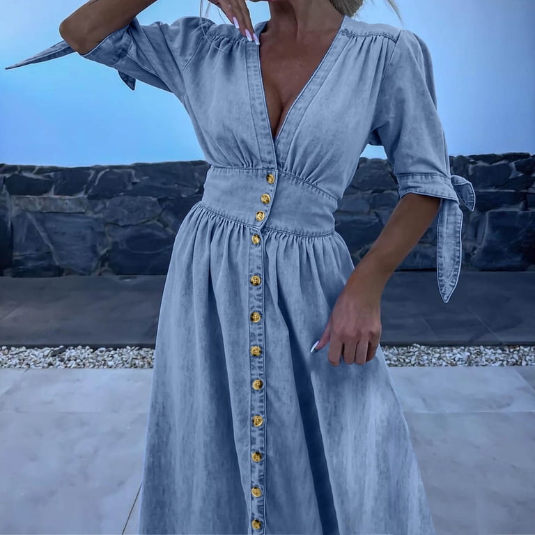 Fartey Denim Dresses for Women 2025 Elegant Casual Button Down Maxi Dress  Summer Split Tie Short Sleeve V Neck Dress High Waist Jean Dress Blue S-XL  - Walmart.com