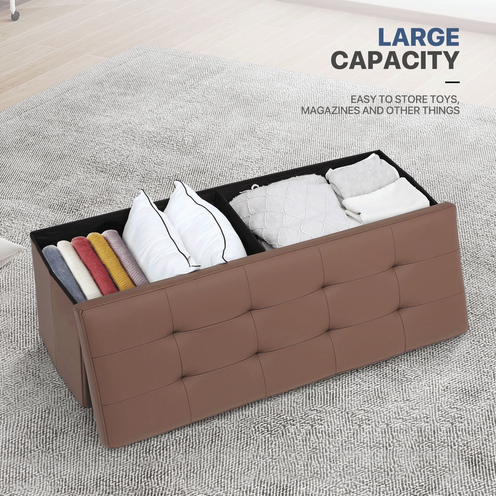 MoNiBloom 43" Collapsible Ottoman with Storage, PU Leather Storage Ottoman Bench, Modern Storage Footstool for Living Room Bedroom Entryway, Brown