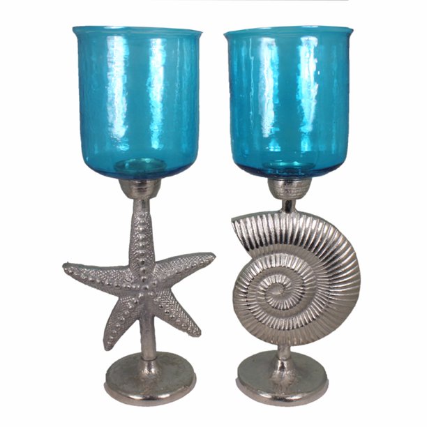 2Piece Hammered Glass Candle Holder On Shell And Starfish Stand, Blue