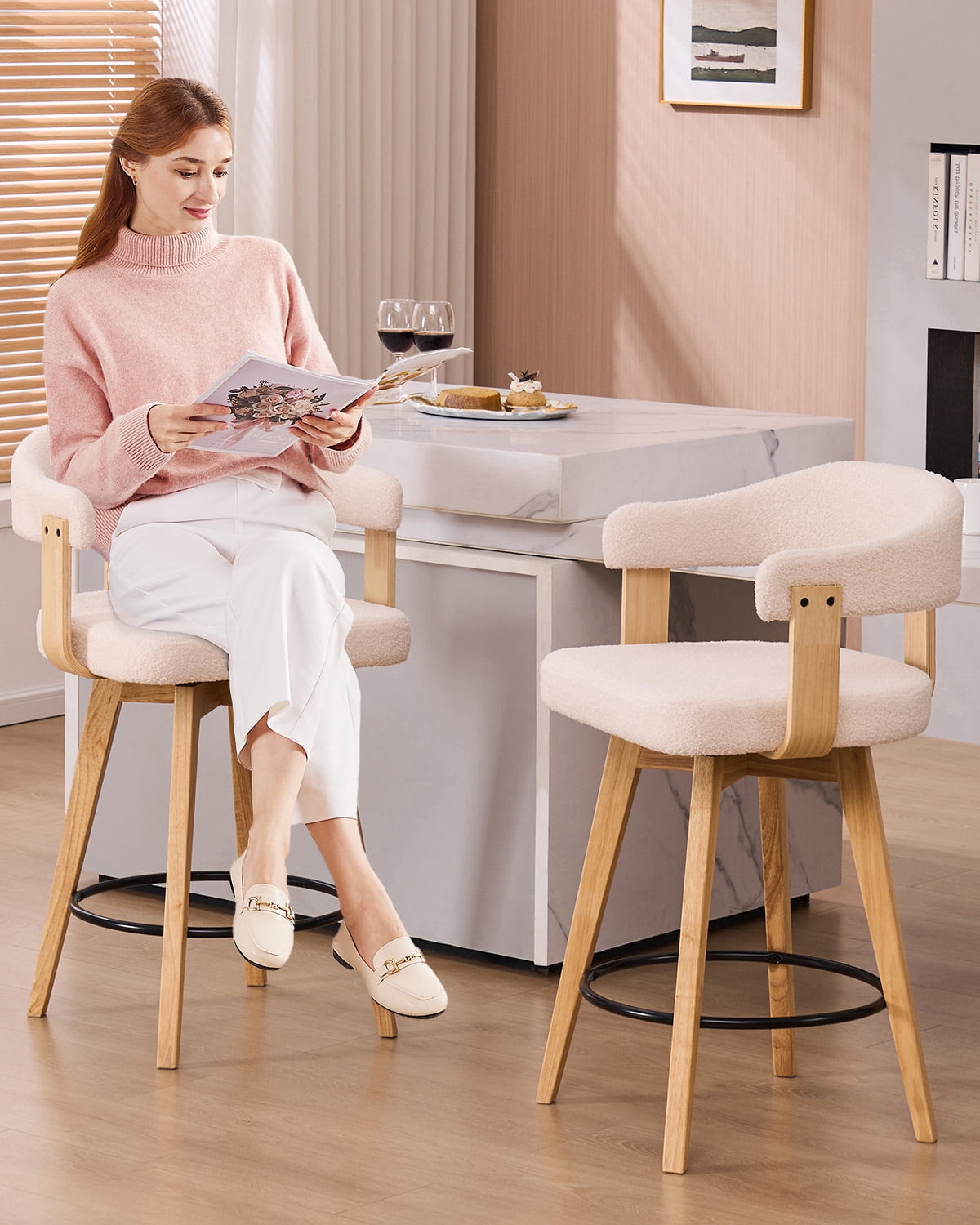 EYYTHUNG Swivel Boucle Barstool Set of 2, Mid Century Modern Dining Chairs with Arms and Wood Legs, Upholstered Kitchen Chairs, White and Natural Oak
