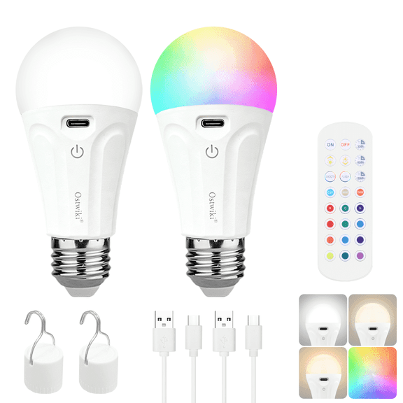 2 Pack Rechargeable Light Bulbs with Remote, Dimmable Battery Operated LED Bulbs for Lamps and Sconces, A19 E26 Wireless Emergency Light Bulb for Power outage Camping Hurricane,15 Colors 3 Timer