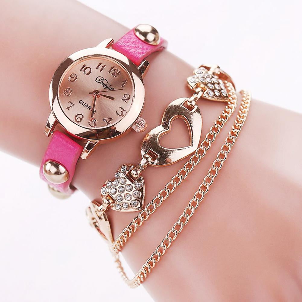Aktudy Rhinestone Heart Bracelet Quartz Watch Women Analog Wristwatch (Rose Red)