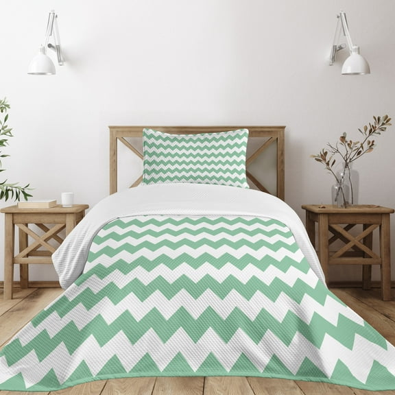 Ambesonne Chevron Quilted Bedspread Set 2 Pcs, Zigzag Twisty Modern, Twin Size, White Jade Green