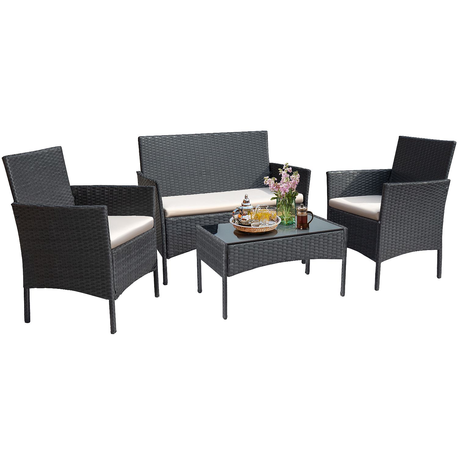Lacoo 4 Piece Outdoor Patio Furniture PE Rattan Wicker Table and Chairs Set, Beige - image 2 of 7