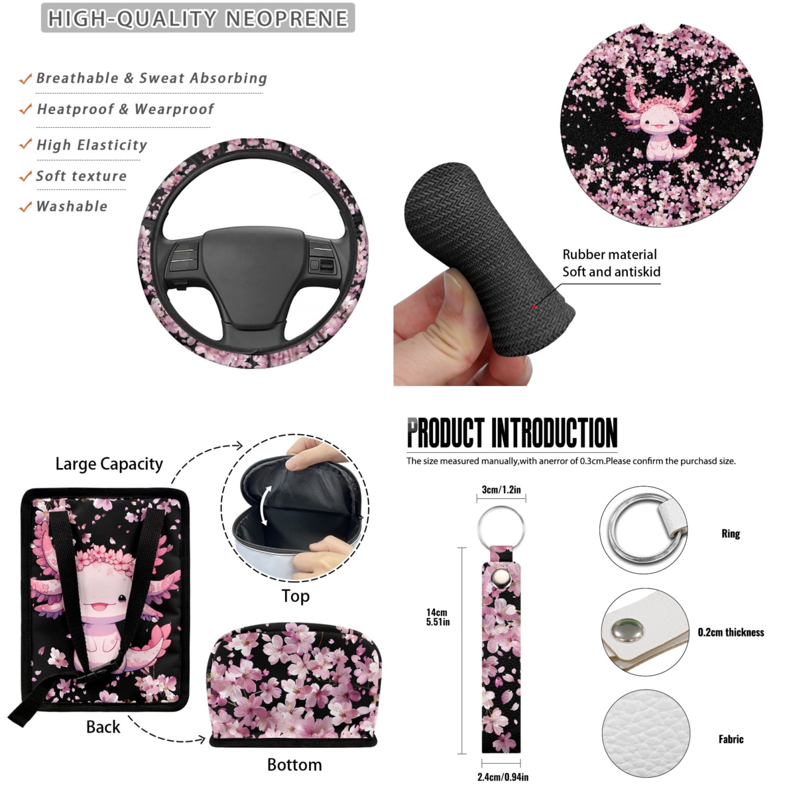 Jeiento Axolotl 13 Pcs Interior Automotive Accessory Set with Car Seat Covers Steering Wheel Cover Car Seatbelt Cover Pink Cherry Blossom Trash Can Car Rear View Mirror Cover Coasters Keychains