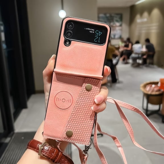 Compatible with Samsung Galaxy Galaxy Z Flip 4 Wallet Case with Lanyard Strap Ultra Thin Leather Girly Case-Pink