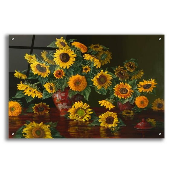 Epic Art 'Sunflowers With Two Crimson Vases' by Christopher Pierce, Acrylic Glass Wall Art, 36"x24"
