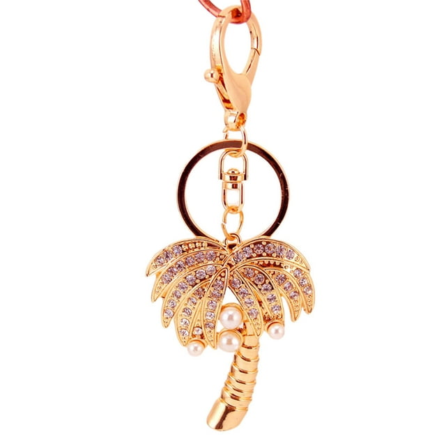 FELTECHELECTR Llavero creativo de coco con forma de árbol de coco y perlas de cristal, llavero grande para coche, adorno para bolso de mujer, joyería con abalorio, regalo