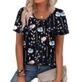thumbnail image 3 of Ronuti Women T Shirts Pleated Short Sleeve Tops Business Casual Dressy Blouses Black Floral Print, 3 of 9
