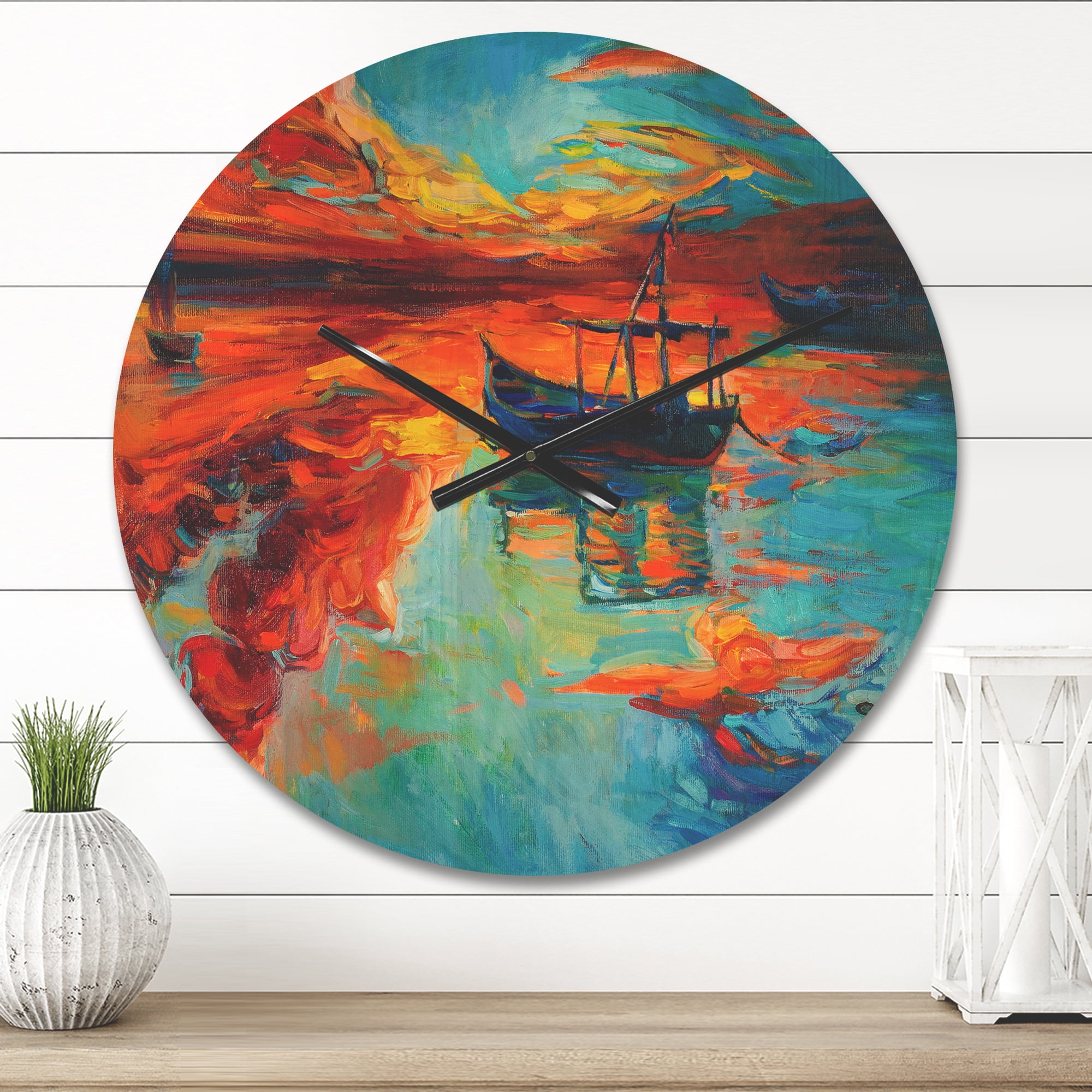 Designart 'Fishing Sailing Boat at Red Sunset Glow' Modern Wood Wall Clock