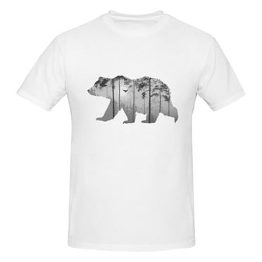 Mens Bear Forest T-Shirt Premium 100% Cotton Short Sleeve T-Shirt Tee Crew Neck Casual Tshirt,White,S