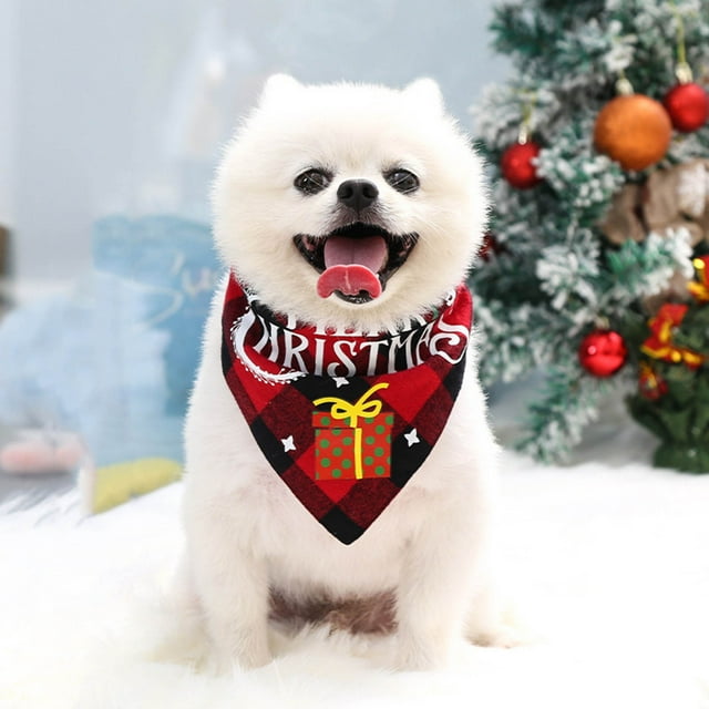 Christmas Holiday Pet Bandana Double Layer Triangle Towel Bib with Festive Front Print and Cozy Reverse Plaid Design for Daily Use