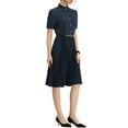 thumbnail image 4 of MODA NOVA Juniors Half Placket Shirt Dress Short Sleeve Ruffle Stand Neck Pleated Midi Dresses with Belt, 4 of 6