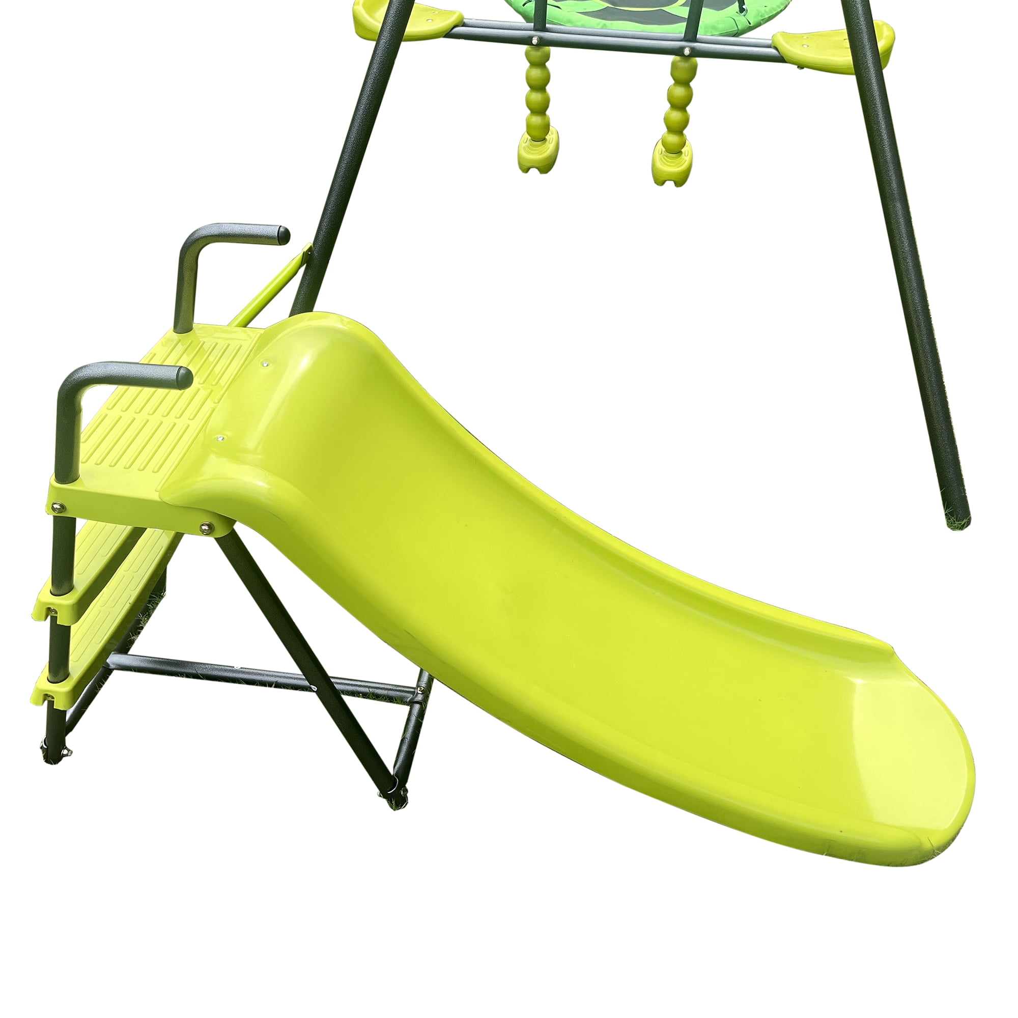 iRerts 6 in 1 Swing Set with Slide, Metal Outdoor Swing Sets for Kids with 2 Swings, Glider, Basketball Hoop, Soccer Goal, Swingset Playset for Kids Boys Girls, Kids Outdoor Swing for Backyard, Green