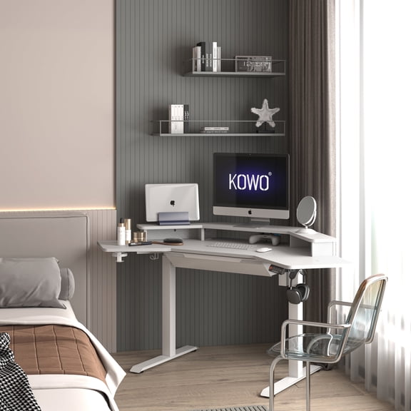 K314 Corner Electric Height Adjustable Standing Desk with Hutch and Drawer, White