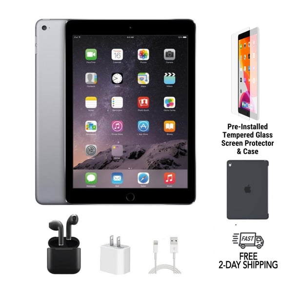 Pre-Owned Apple iPad Air 2 A1567 (WiFi Cellular Unlocked) 16GB Space Gray Bundle with Case, Wireless Earbuds, Tempered Glass Screen Protector