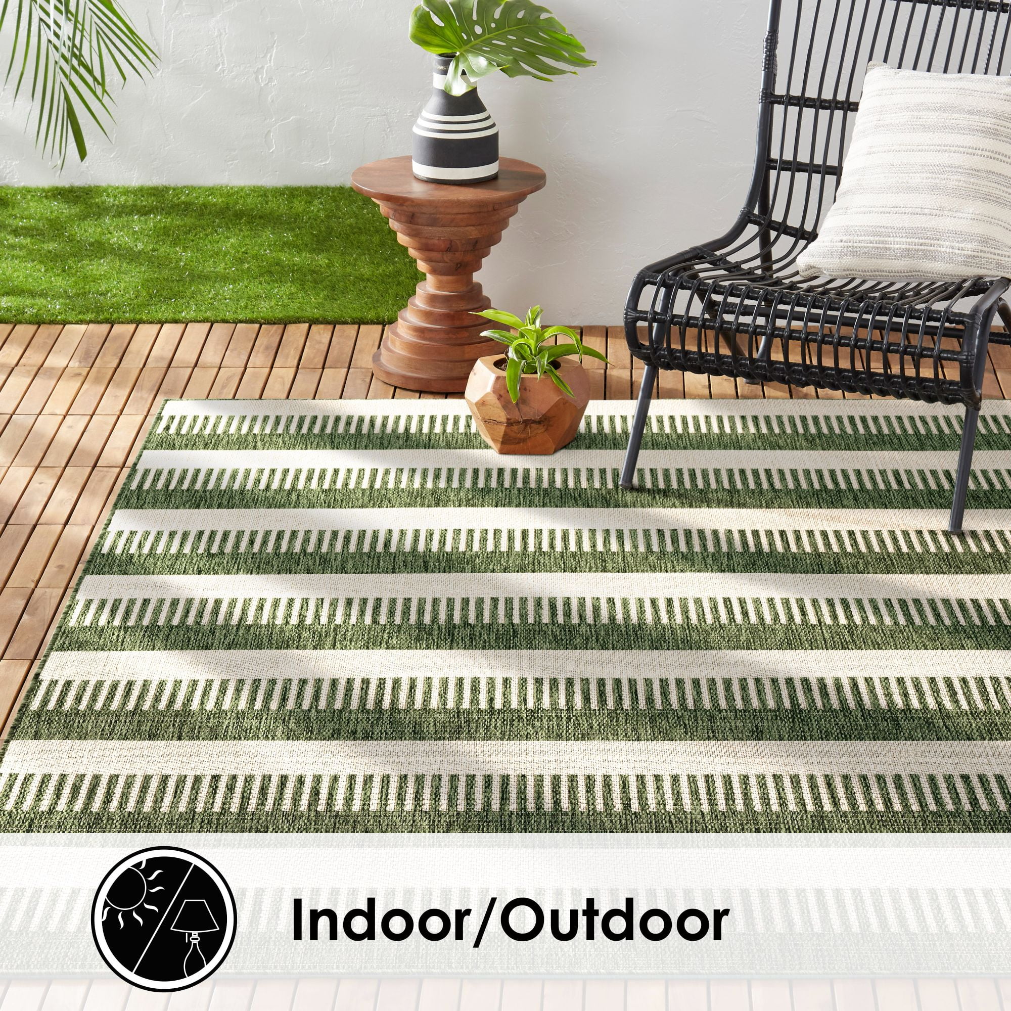Nicole Miller New York Patio Country Charlotte Modern Striped Indoor/Outdoor Area Rug, Light Green/Ivory , 5'2"x7'2"
