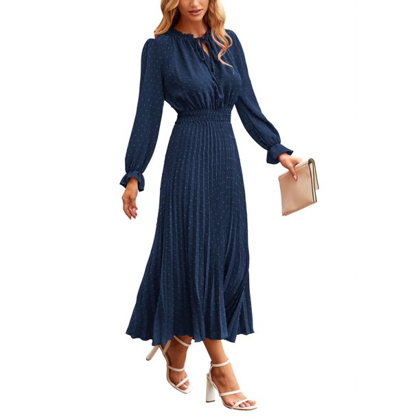 Vestido PRETTYGARDEN 2025 Midi con Lunares Suizos Plisado Azul Oscuro M