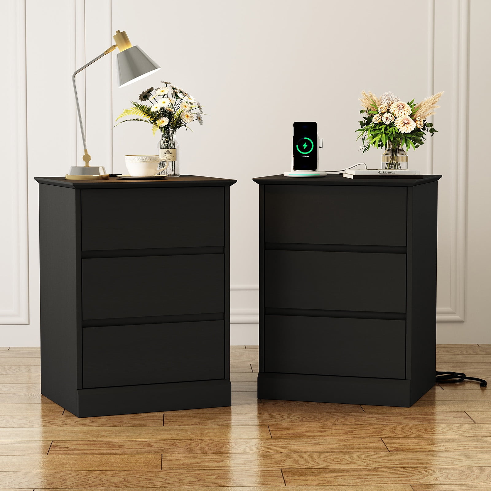 3 Drawers Nightstand Set of 2 with Charging Station, Bedside Table End Table for Bedroom Living Room, Black