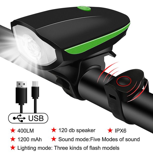 Luz delantera de bicicleta con bocina de bicicleta, lámpara frontal de bicicleta recargable por Usb, campana electrónica, linterna de ciclismo, accesorios de Mtb (verde) Feliz Sencillez