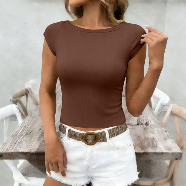 TaTaai Women Casual Fashion Solid Color Boat Neck Slim Fit Short Top Ladies Stylish Slimming Crop Top for Daily Street Office Commute Wear Soft Comfortable Fashion Blouse Gift