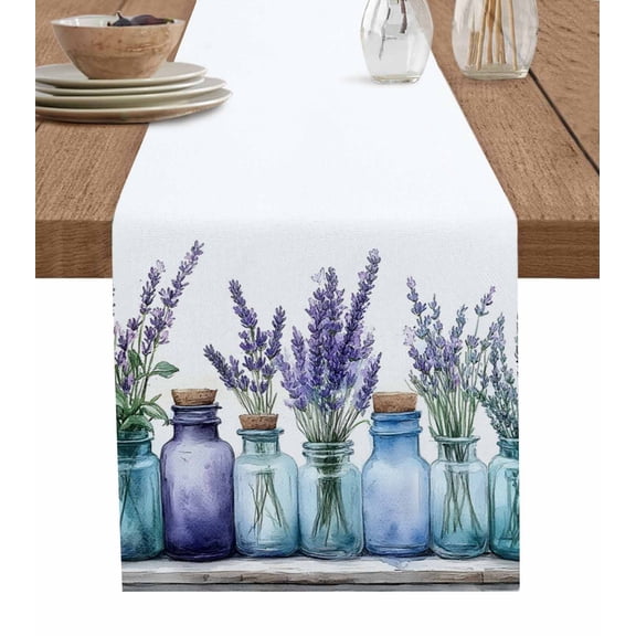 Spring Purple Floral Table Runner 60 Inches, Botanical Watercolor Lavender Vase Bed Runner Dresser Scarves Tabletop for Indoor Outdoor Parties/Ceremony/Banquet, 13" x 60"
