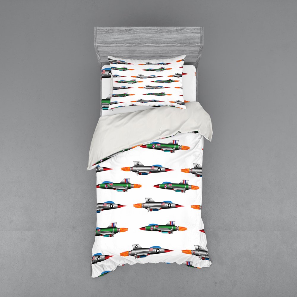 Airplane Duvet Cover Set, JetPlanes Aviation Attack Modern Technology