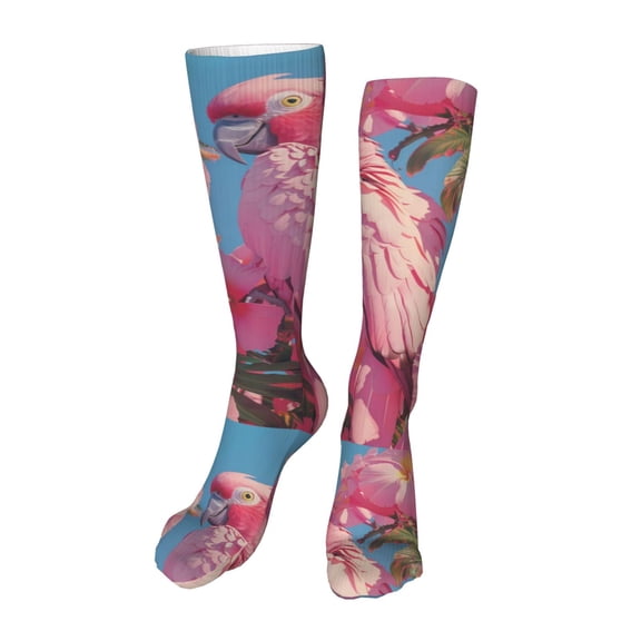 Honeii Pink Parrot Tropical Blossoms Print Calf Socks Sports Socks Seamless Toe, Trouser Socks,Knee High Long Socks for Women and Men-One Size