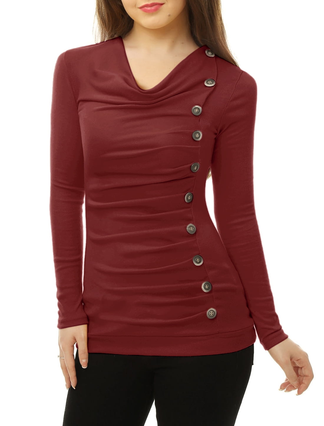 DARING DIVA Women's Cowl Neck Side Ruched Tunic Top L Burgundy