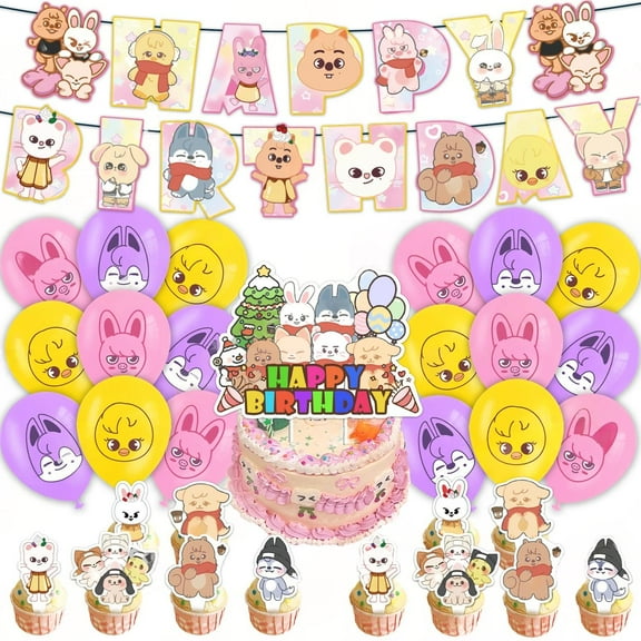 Skzoo Themed Birthday Party Decoration Set, 30pc Includes Banner, Cake Toppers, Balloons, and Cupcake Decorations.