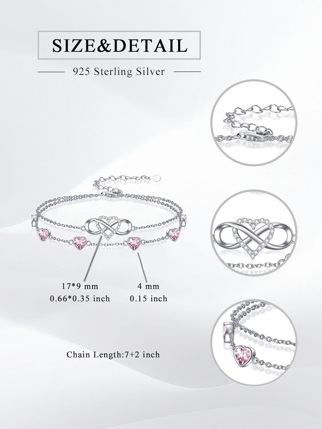 Infinity Heart October Birthstone Charm Link Anklets for Women 925 Sterling Silver Adjustable Anniversary Birthday Gifts Mother's Day Jewelry Gift for Mom Women Wife Her Friends
