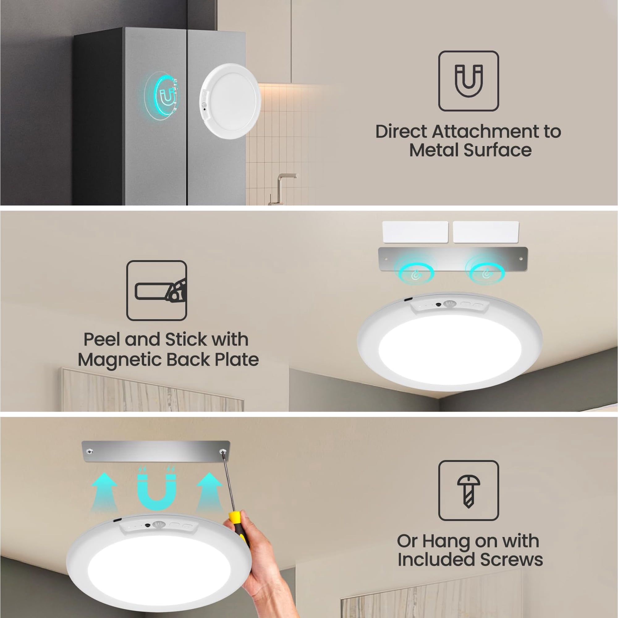 4Pack Wireless LED Ceiling Light, Rechargeable Ceiling Light whit Motion Sensor Support 3 Color Temp for Storage Room, Garage, Bathroom, Stairs, Doorway