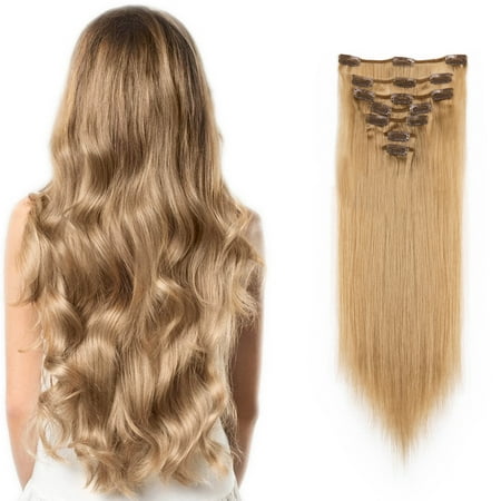 NK Beauty 100% Human Hair Clip In Hair Extensions Can Curly Dyed Natural Straight 7 Piece/15 Clips Black/Brown/Blonde,