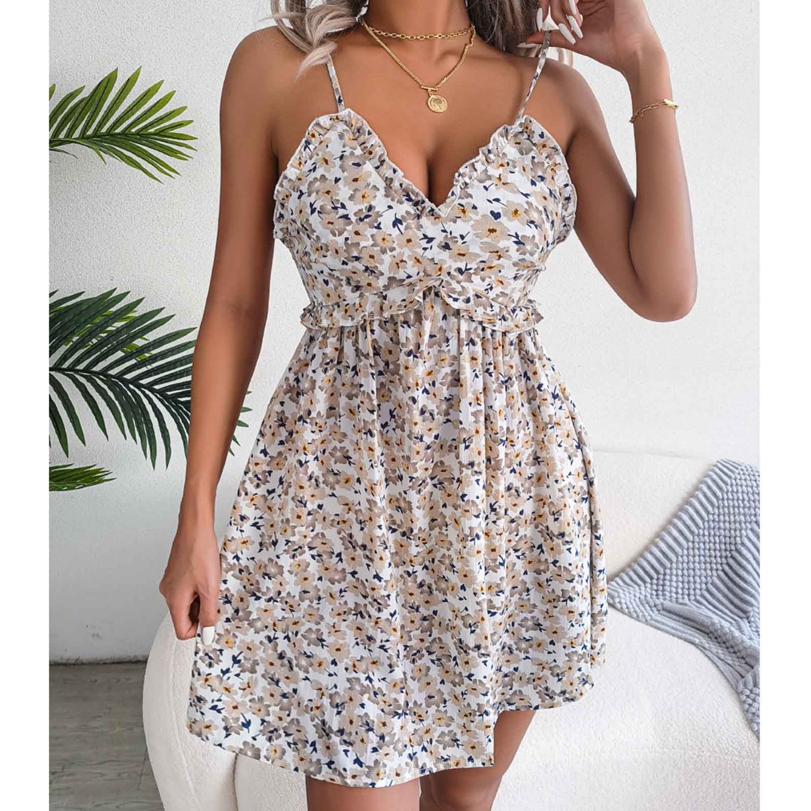 Women's Floral Printed Sling Mini Dress Spaghetti Strap Deep V