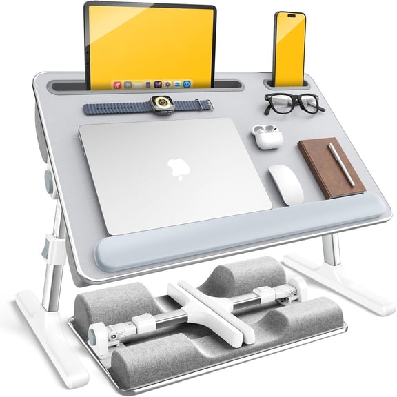 2-in-1 Lap & Bed Desk with Soft Cushions - Adjustable Height & Angle, Foldable Laptop Stand for Bed & Couch - Wrist Rest, iPad Holder, Stopper & Non-Slip Leather - Bed Table for Adults & Kids