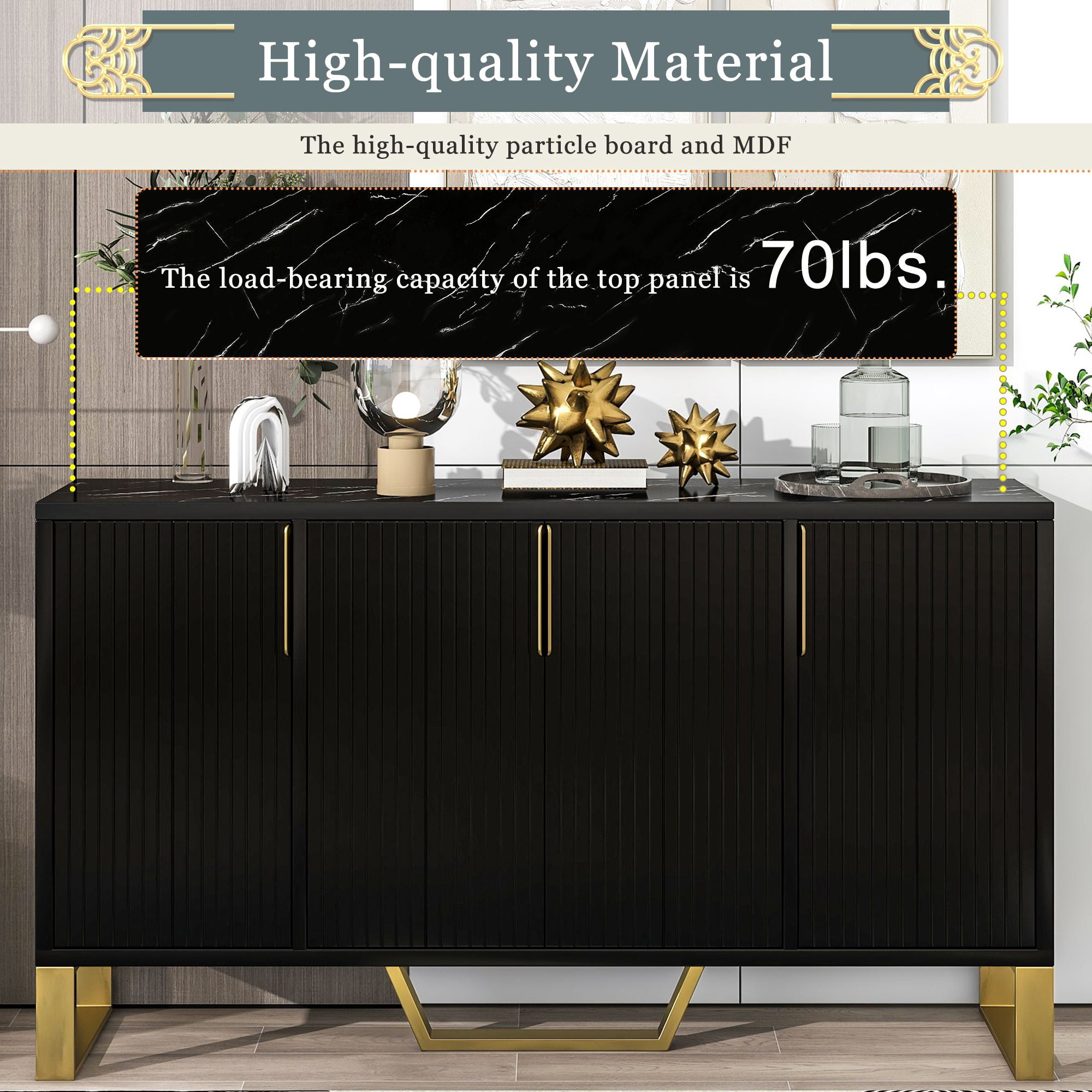 Aukfa Kitchen Cabinet,Modern sideboard with Four Doors - Black