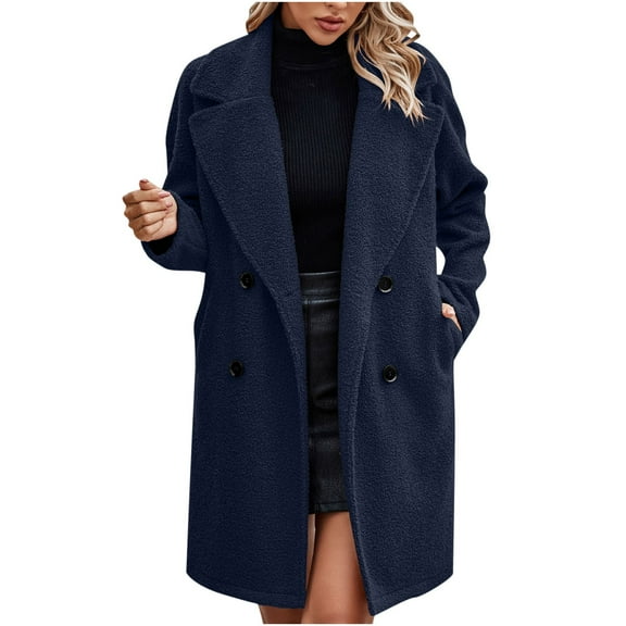 Tuphregyow Women's Leisure Collared Fleece Duster Coat Winter Knit Long Sleeve Button Baggy Cardigans Solid New Style Thicken with Pockets Outdoor Coat Trendy Dark Blue S